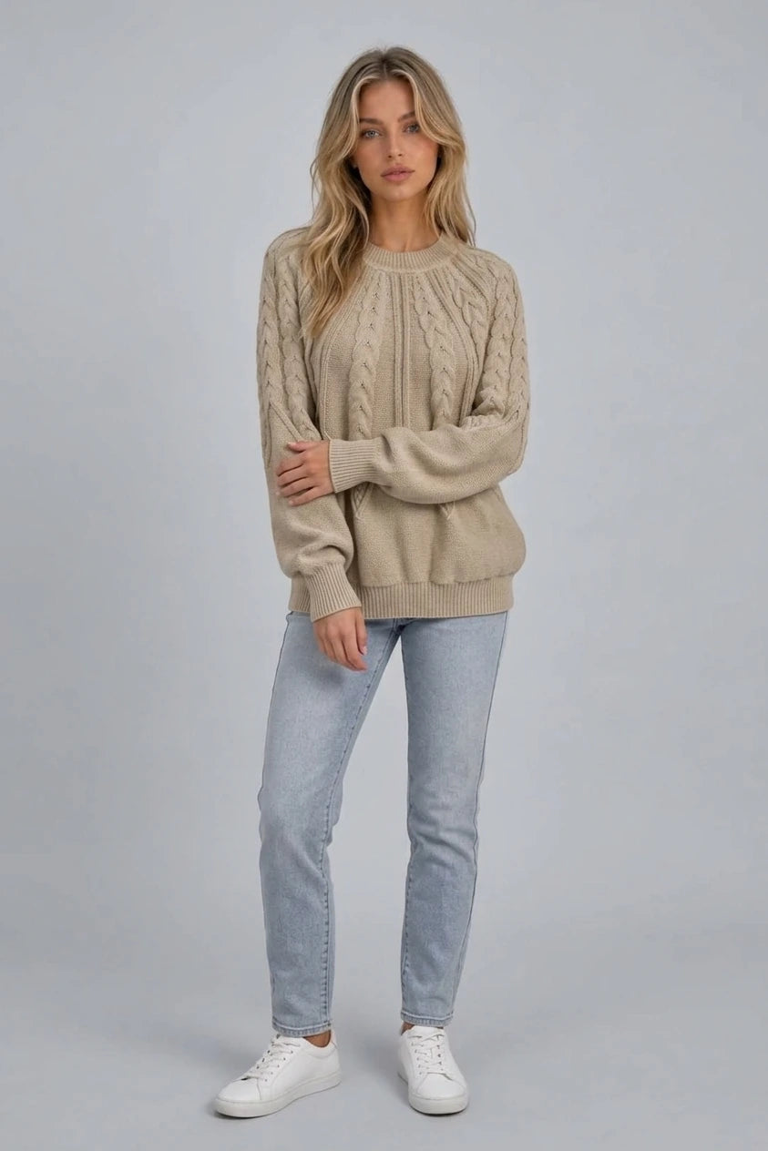 Women’s Cable Knit Jumper – Crew Neck Long Sleeve Knitted Sweater — variant_front
