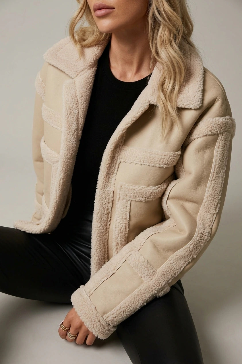 Women's Faux Shearling Aviator Jacket with Notch Collar — variant_front