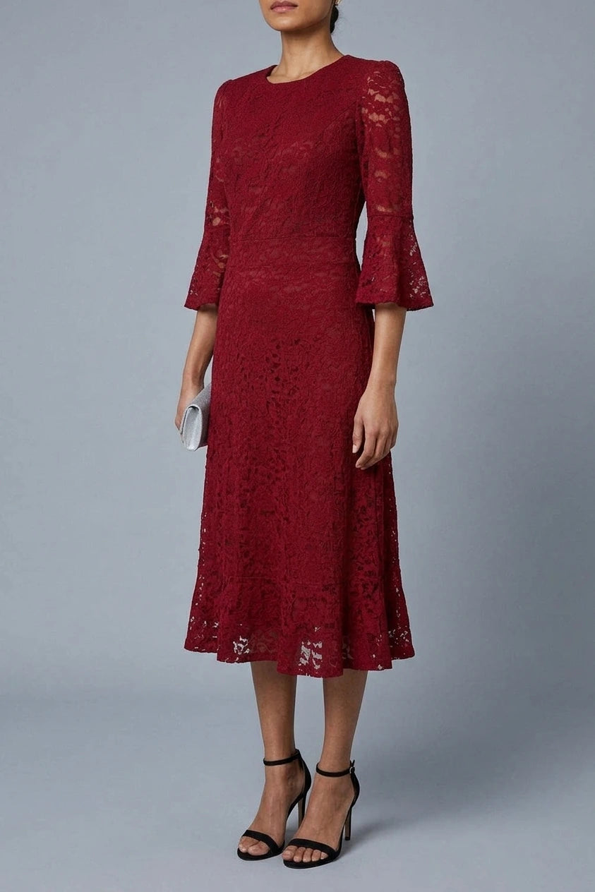 Lace Semi Sheer 3/4 Flute Sleeve Midi Dress — variant_front