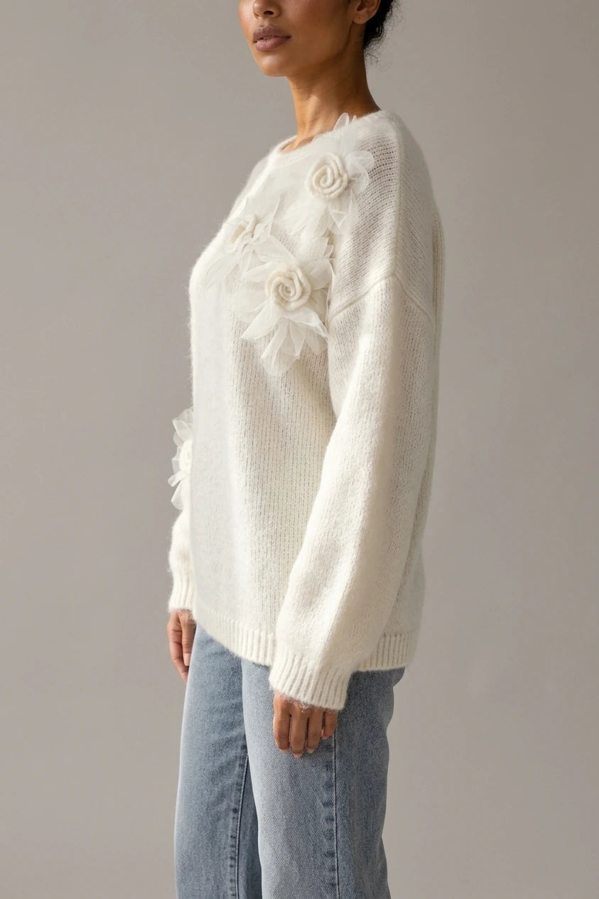 Women’s Floral Knit Jumper – Crew Neck Long Sleeve Sweater with 3D Flower Detail — variant_front