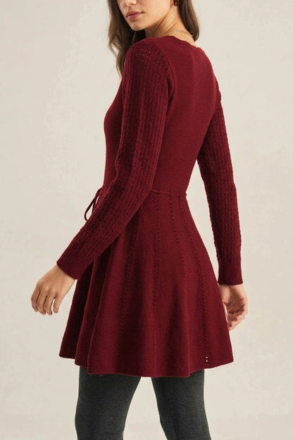 Wine Red A-Line Sweater Dress With Scallop Neck, Long Sleeve, Tie Waist