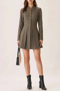 Button Pleated Mini Dress With Gold Button Detail Long Sleeve Fitted Waist