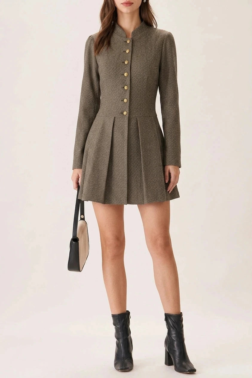 Button Pleated Mini Dress With Gold Button Detail Long Sleeve Fitted Waist