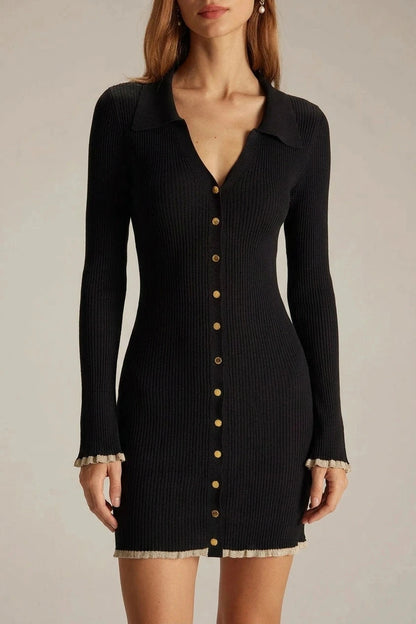 V Neck Contrast Trim Knit Mini Dress Long Sleeve