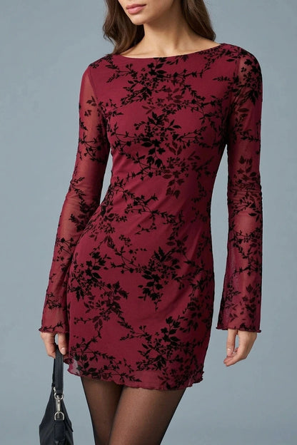 Floral Mesh Mini Dress Long Sleeve Boat Neck Fitted Silhouette
