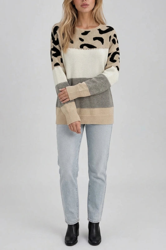 Women’s Leopard Print Jumper – Relaxed Crew Neck Knit Sweater — variant_front