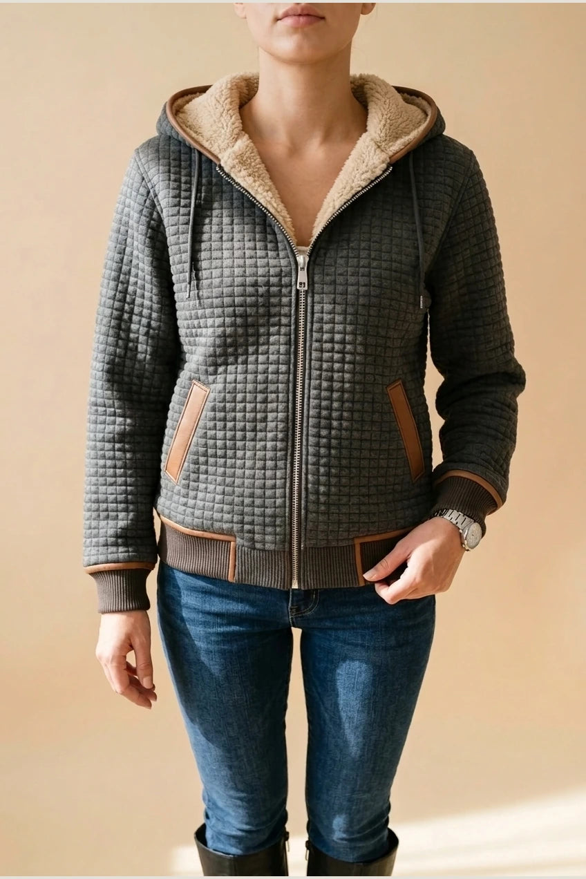 Warm Hooded Quilted Jacket with Sherpa Lining and Brown Contrast Trim — variant_front