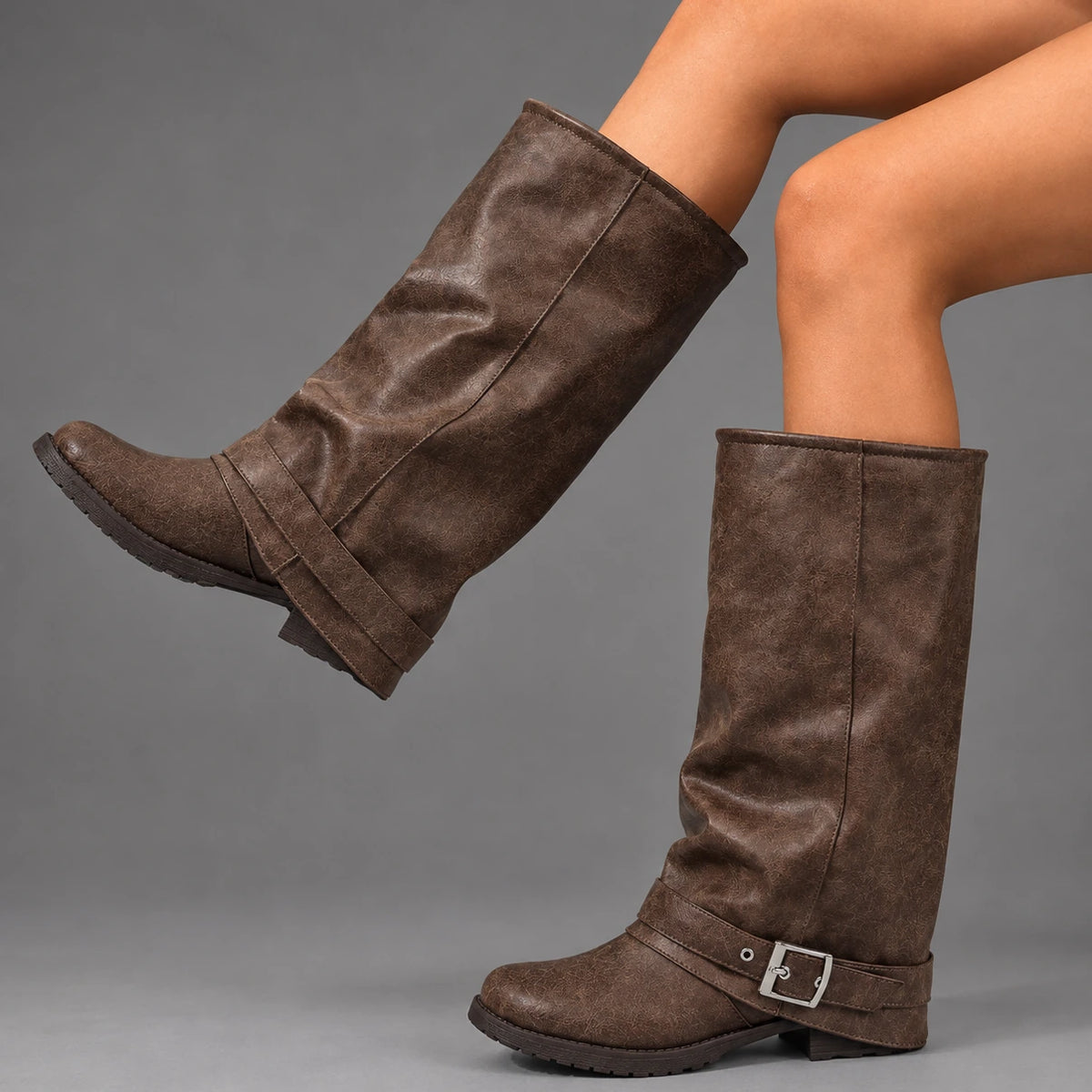 Brown Knee High Slouch Boots Buckle — gallery_01.webp
