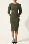Ruched Puff-Sleeve Bodycon Midi Sheath Dress Slim Fit