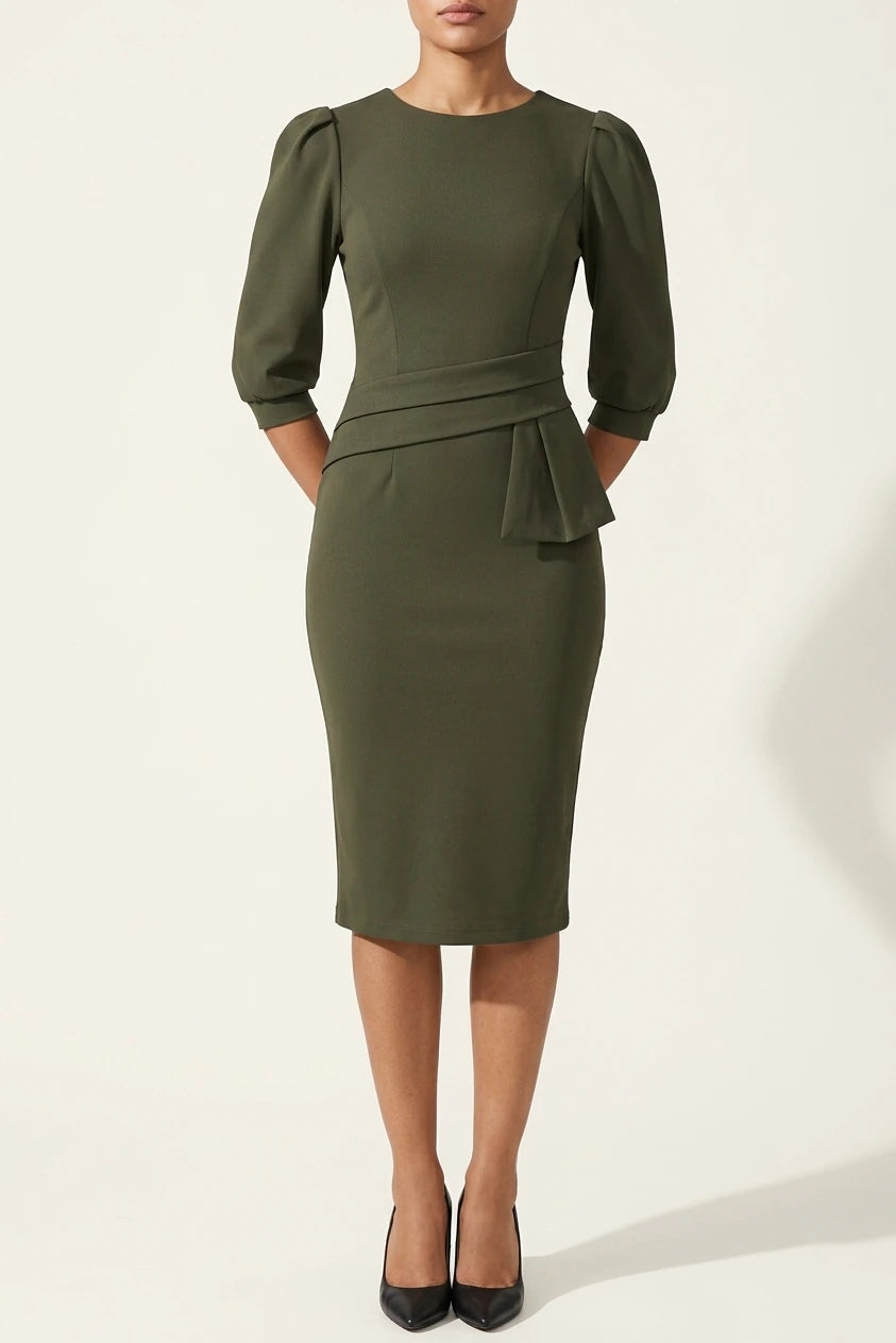 Classic Solid Color Ruched Puff Sleeve Bodycon Midi Sheath Dress with Business Casual Slim Fit Timeless Design — variant_front
