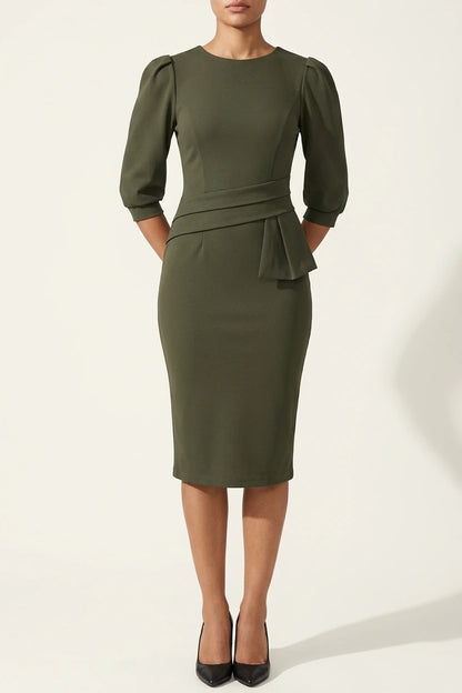 Classic Solid Color Ruched Puff Sleeve Bodycon Midi Sheath Dress with Business Casual Slim Fit Timeless Design — variant_front