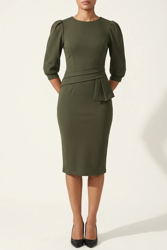 Classic Solid Color Ruched Puff Sleeve Bodycon Midi Sheath Dress with Business Casual Slim Fit Timeless Design — variant_front