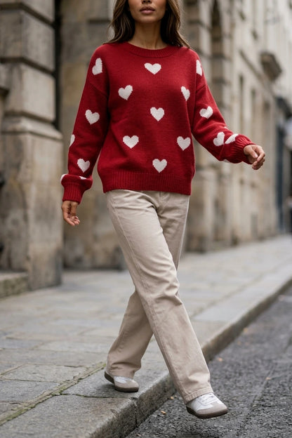 Women’s Heart Print Knitted Jumper – Crew Neck Sweater — variant_front