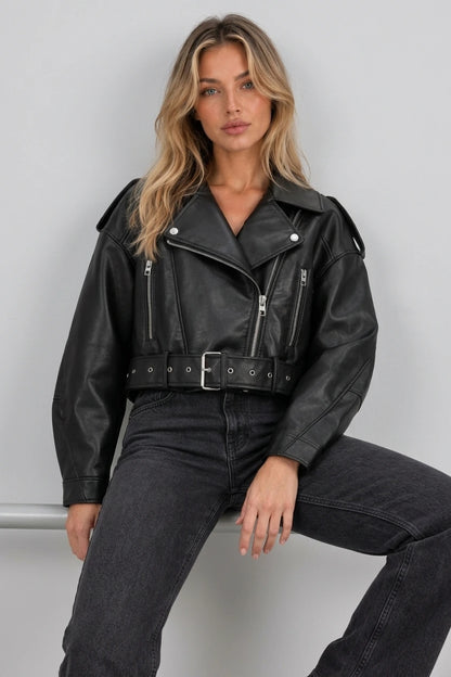 Women’s Cropped Biker Jacket – Belted Zip Motorcycle Style — variant_front