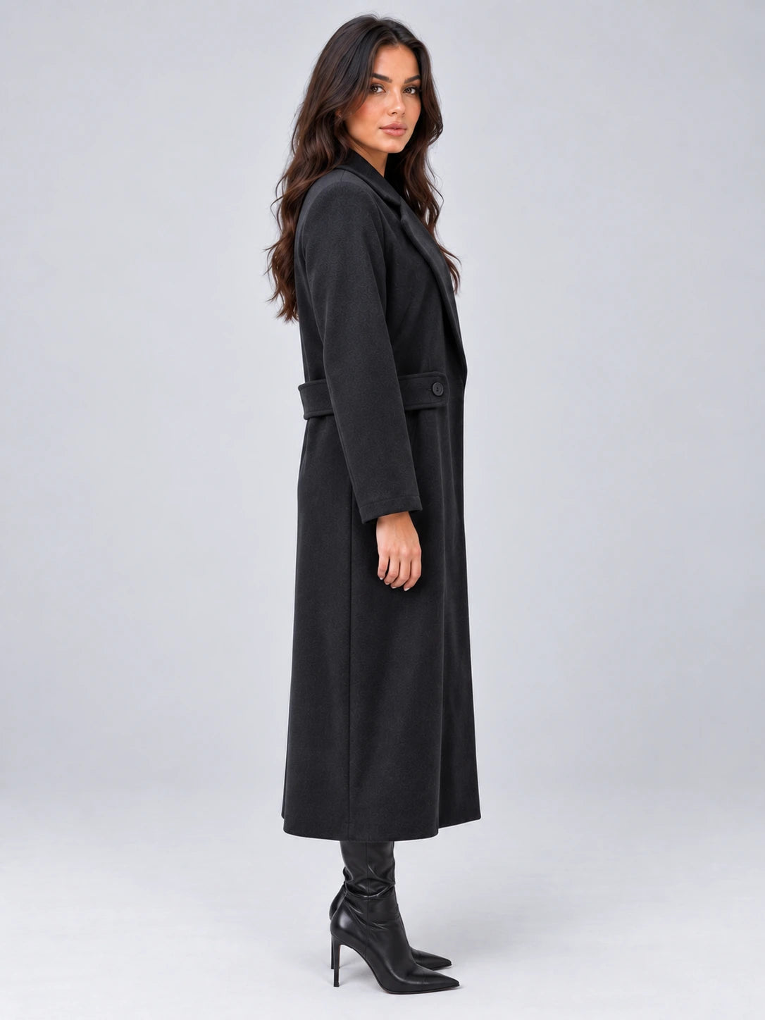 Women’s Longline Tailored Coat – Notched Lapel Button Detail Jacket — gallery_03.webp