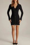 V Neck Contrast Trim Knit Mini Dress Long Sleeve