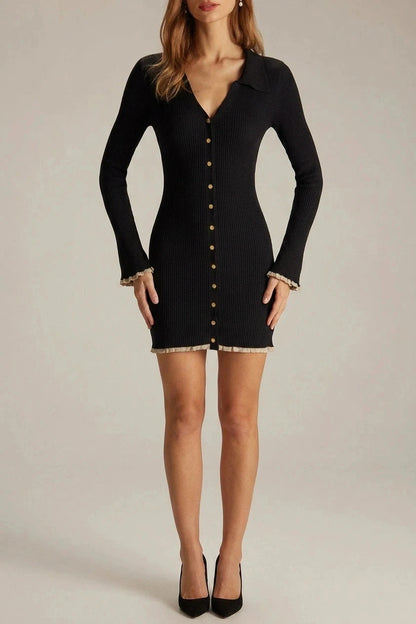 V Neck Contrast Trim Knit Mini Dress Long Sleeve
