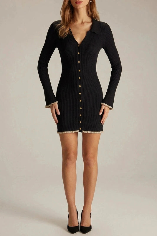 V Neck Contrast Trim Knit Mini Dress Long Sleeve
