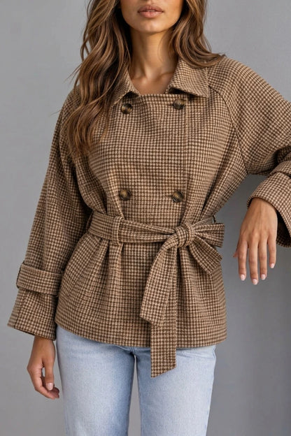 Women’s Short Trench Coat – Double Breasted Belted Jacket with Check Pattern — variant_front