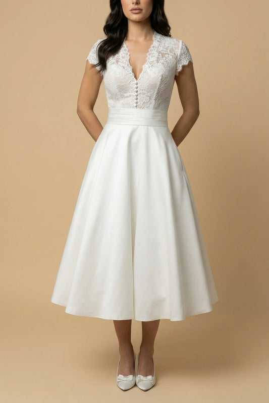 Elegant White Wedding Dress with Lace Bodice and Full Skirt — variant_front