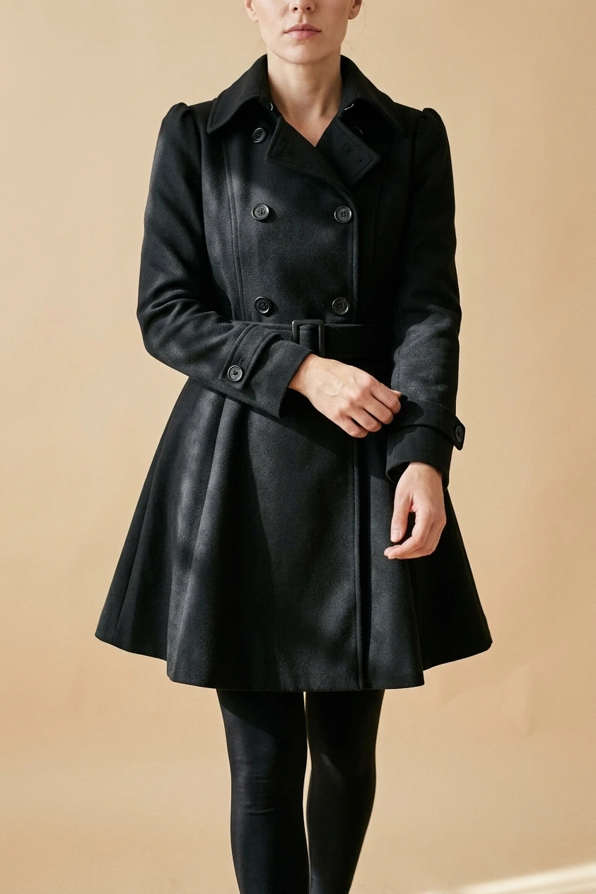 Women's Double-Breasted Belted Coat with Flared Skirt — variant_front