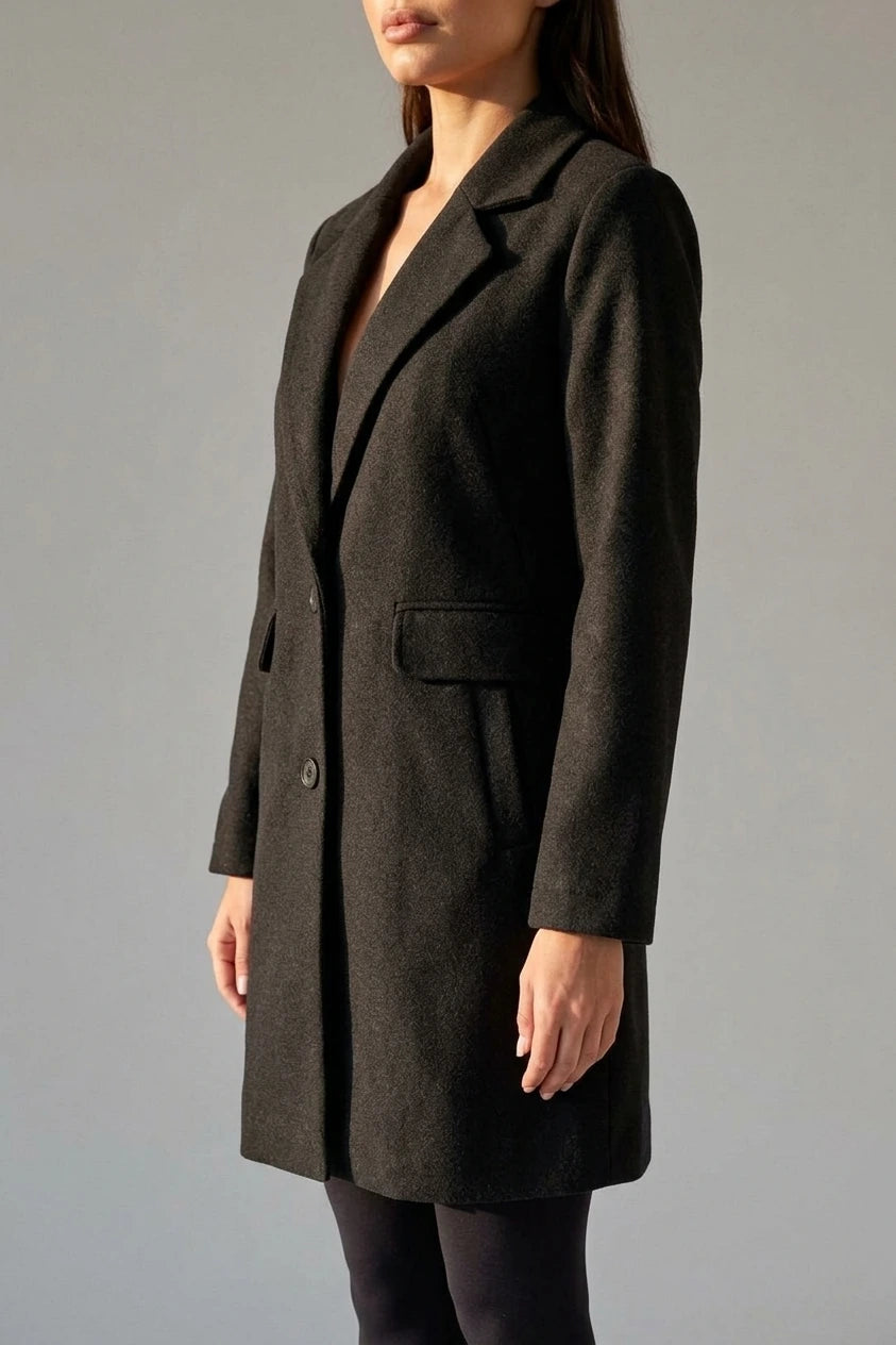 Women’s Longline Tailored Coat – Notched Lapel Button Detail Jacket — variant_front